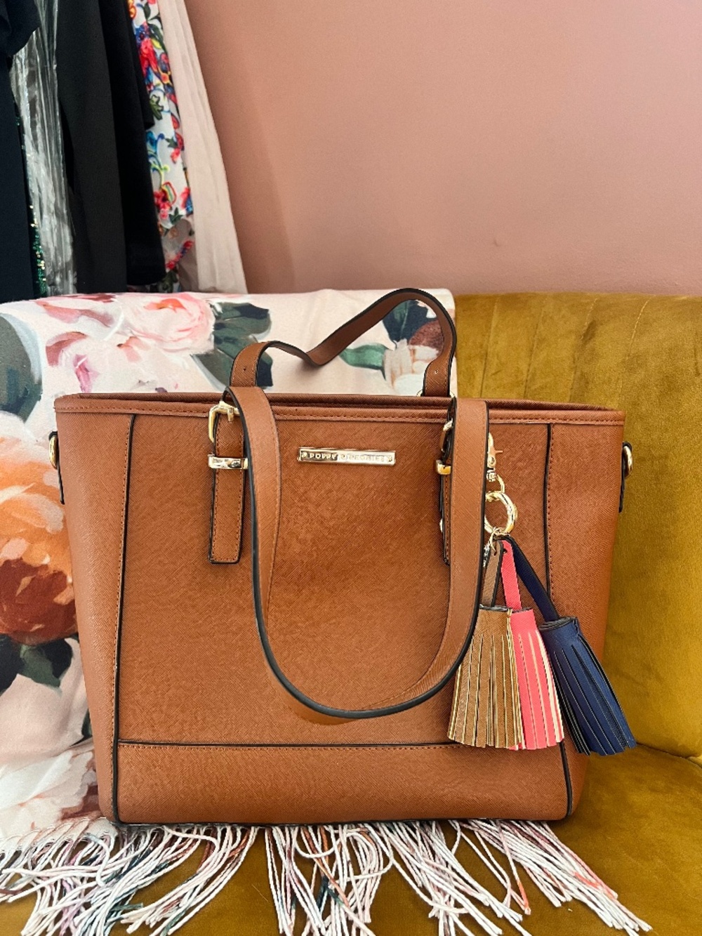 Vintage Poppy & Peonies Cognac Brown Structured Tote Bag with Tassel Bag Charm